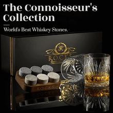 The Connoisseur's Set with whiskey stones, glass, and elegant packaging for gifts and cocktail enjoyment.