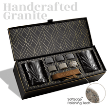 The Connoisseur's Set - Palm Glass Edition with granite chilling stones and intricately designed whiskey glasses.