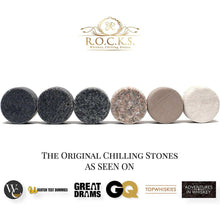 Unique set of 6 granite whiskey chilling stones for cooling drinks, perfect for bars and gifts.