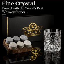Soleil fine crystal whiskey glass with whiskey chilling stones in elegant presentation box.