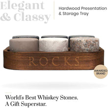 Elegant hardwood tray with whiskey chilling stones, perfect for gifts and barware.