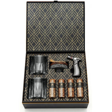 The Cocktail Smoker Kit featuring glasses, smoker, and wood chips for an aromatic cocktail experience.