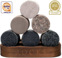 Granite whiskey chilling stones set displayed on a wooden base, perfect for whisky lovers and gift sets.