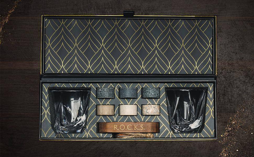 Men Gift Set Crown Royal Whiskey Glass Set With Granite Stones - 2 Scotch Glasses & 4 Chilling Rocks Gift Set For Men Shot Glasses Set