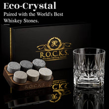 Eco-Crystal whiskey glass with R.O.C.K.S. whiskey chilling stones for elevated whiskey experiences.