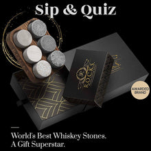 Rocks whiskey stones and quiz set in elegant packaging, perfect for cocktail lovers and unique gifts.