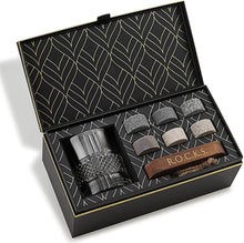 The Connoisseur's Set - Reserve Glass Edition with whiskey stones and crystal glass in elegant packaging.