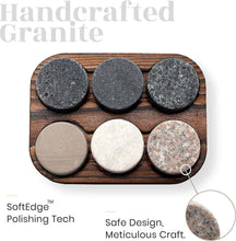 Handcrafted granite whiskey chilling stones in a wooden tray, ideal for cocktails and gifts.