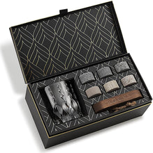 The Connoisseur's Set - Monarch Glass Edition featuring whiskey chilling stones and an elegant whiskey glass in a stylish gift box.