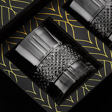 Elegant crystal whiskey glasses in a gift box, ideal for cocktails and corporate gifting.