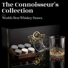 The Connoisseur's Set features whiskey chilling stones and elegant crystal glass for a premium tasting experience.