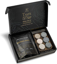 Taste & Sip craft set featuring bourbon barrel aged coffee and whiskey chilling stones, ideal for gifts and home barware.