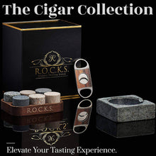 The Cigar Collection featuring whiskey chilling stones, granite ashtray, and cigar cutter for the perfect tasting experience.