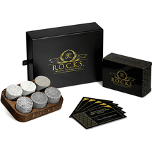 Whiskey chilling stones set with branded box and informational cards for whiskey lovers and gift giving.
