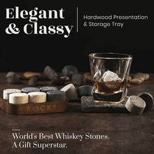 Elegant hardwood tray with whiskey stones and glass, perfect for cocktail lovers and unique gift sets.