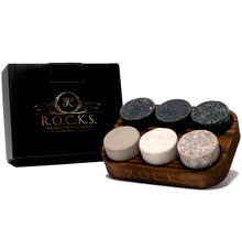 The Original ROCKS™ Whiskey Chilling Stones in a wooden tray, ideal for cocktails and gifts for men.